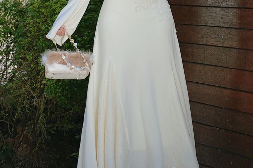 Long Sleeve One Shoulder Plain Fluffy Panel Lace Maxi Mermaid Dress