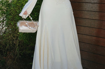 Long Sleeve One Shoulder Plain Fluffy Panel Lace Maxi Mermaid Dress