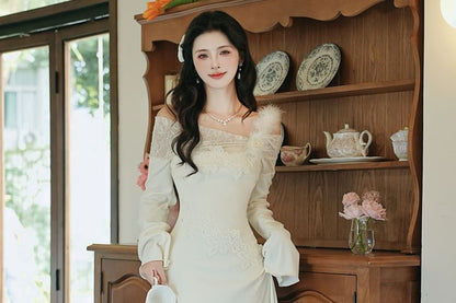 Long Sleeve One Shoulder Plain Fluffy Panel Lace Maxi Mermaid Dress