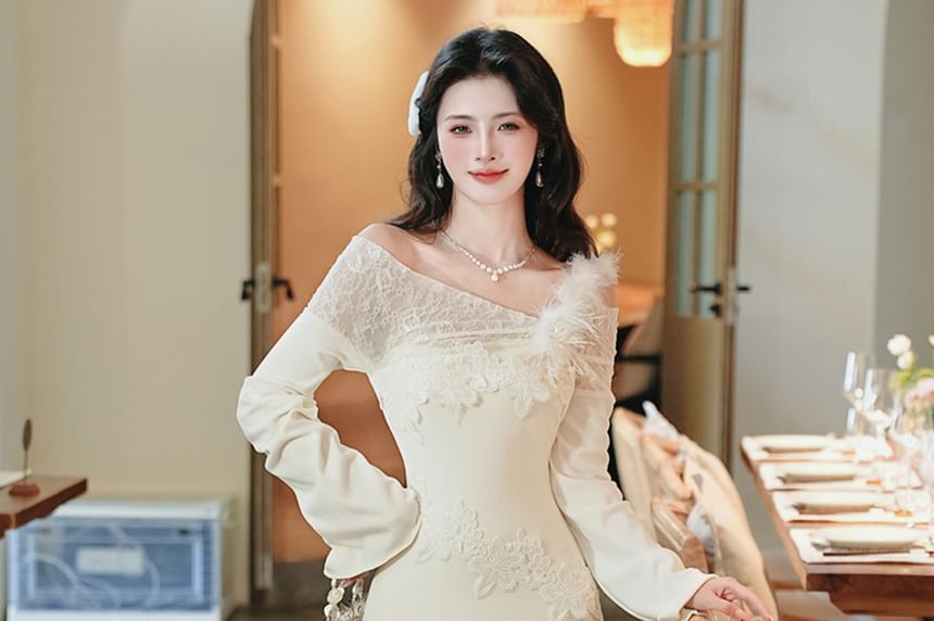 Long Sleeve One Shoulder Plain Fluffy Panel Lace Maxi Mermaid Dress