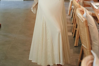 Long Sleeve One Shoulder Plain Fluffy Panel Lace Maxi Mermaid Dress
