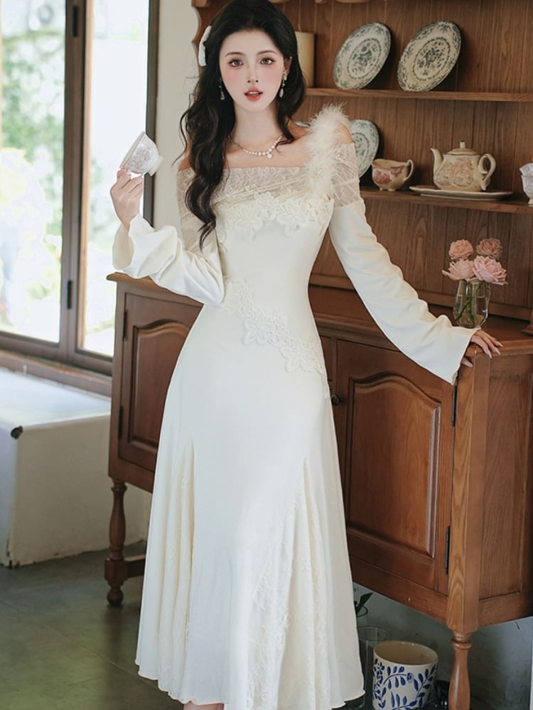 Long Sleeve One Shoulder Plain Fluffy Panel Lace Maxi Mermaid Dress