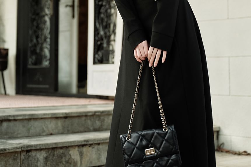 Set: Long Sleeve Round Neck Dotted Panel Maxi A-Line Dress + Belt
