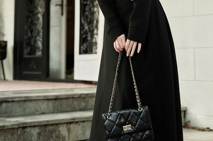 Set: Long Sleeve Round Neck Dotted Panel Maxi A-Line Dress + Belt