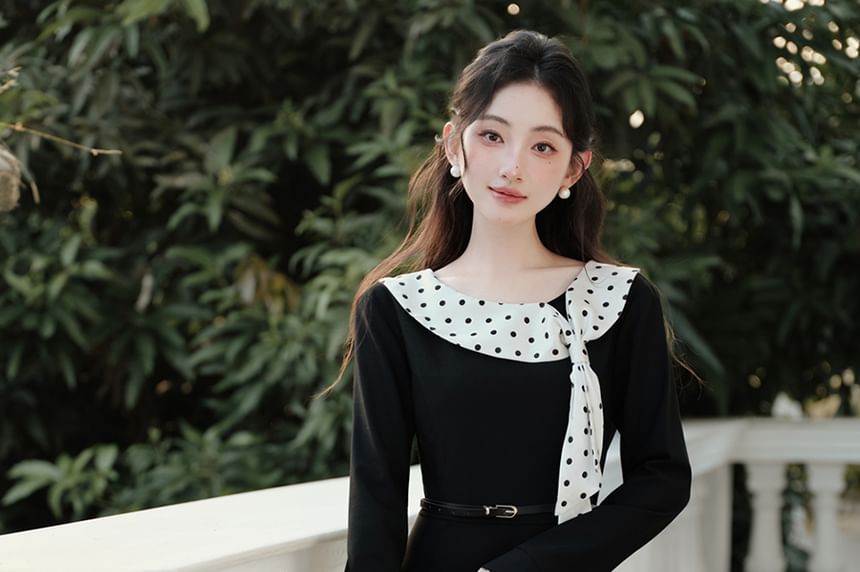 Set: Long Sleeve Round Neck Dotted Panel Maxi A-Line Dress + Belt