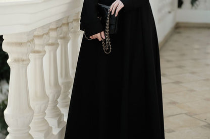 Set: Long Sleeve Round Neck Dotted Panel Maxi A-Line Dress + Belt