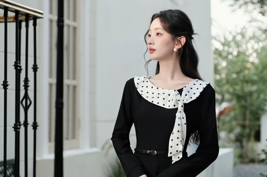 Set: Long Sleeve Round Neck Dotted Panel Maxi A-Line Dress + Belt