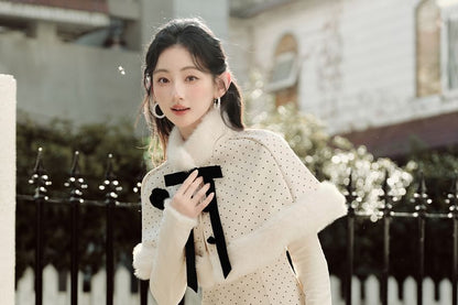 Long Sleeve Mock Neck Dotted Mock Two Piece Maxi A-Line Dress / Stand Collar Panel Faux Fur Button Capelet