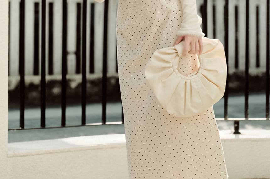 Long Sleeve Mock Neck Dotted Mock Two Piece Maxi A-Line Dress / Stand Collar Panel Faux Fur Button Capelet