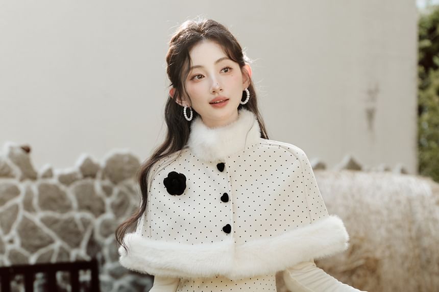 Long Sleeve Mock Neck Dotted Mock Two Piece Maxi A-Line Dress / Stand Collar Panel Faux Fur Button Capelet