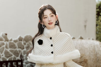 Long Sleeve Mock Neck Dotted Mock Two Piece Maxi A-Line Dress / Stand Collar Panel Faux Fur Button Capelet
