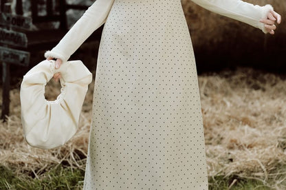 Long Sleeve Mock Neck Dotted Mock Two Piece Maxi A-Line Dress / Stand Collar Panel Faux Fur Button Capelet