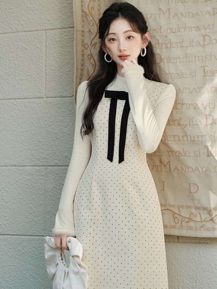 Long Sleeve Mock Neck Dotted Mock Two Piece Maxi A-Line Dress / Stand Collar Panel Faux Fur Button Capelet