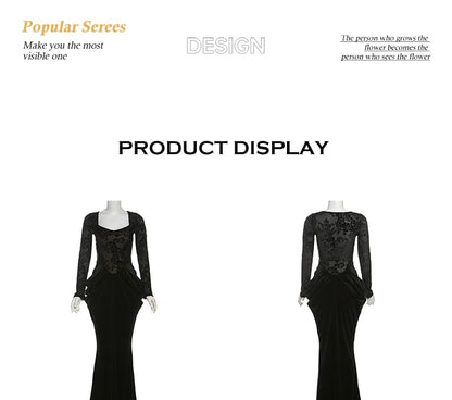 Long-Sleeve Jacquard Ruched Maxi Sheath Dress