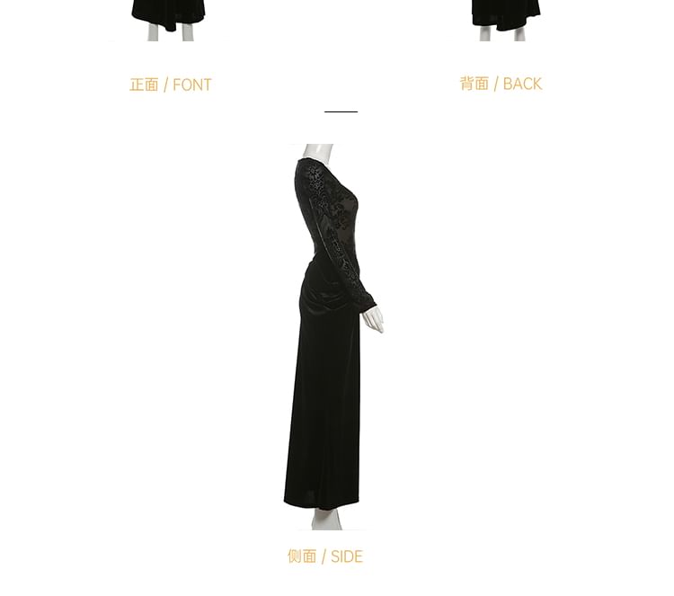 Long-Sleeve Jacquard Ruched Maxi Sheath Dress