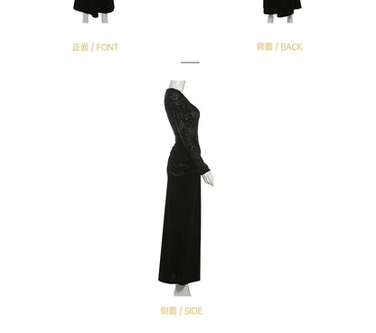 Long-Sleeve Jacquard Ruched Maxi Sheath Dress