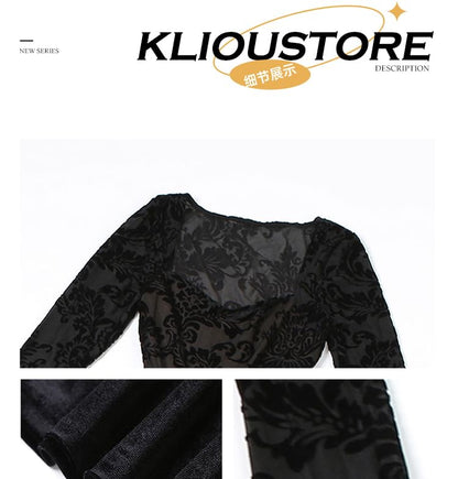 Long-Sleeve Jacquard Ruched Maxi Sheath Dress