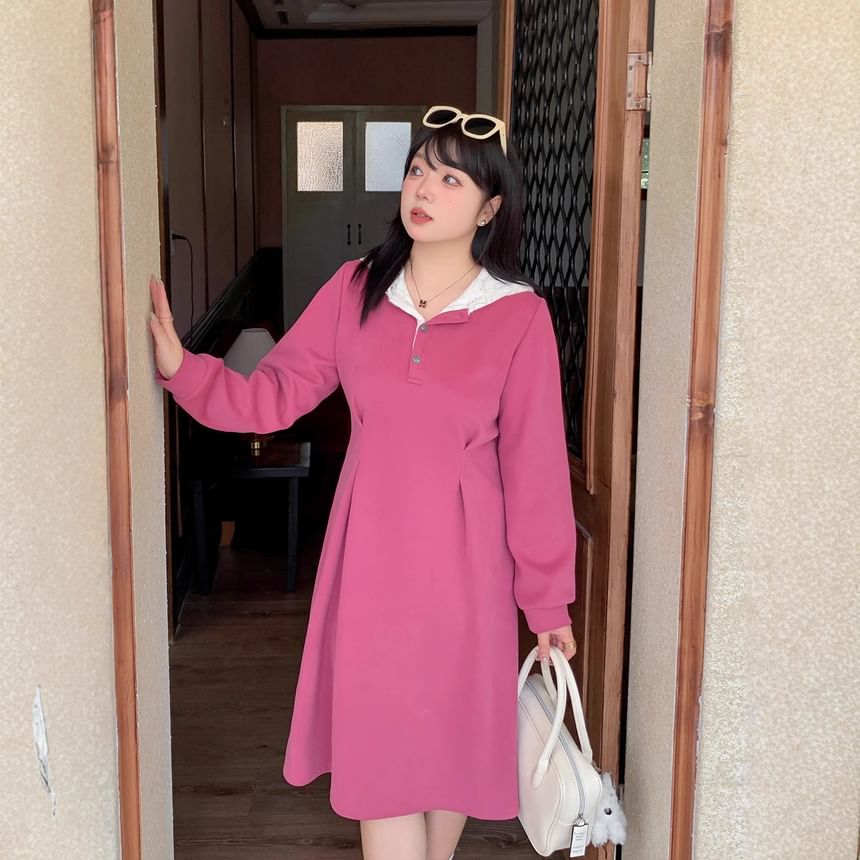 Long-Sleeve Henley Two Tone Lace Panel Hooded Midi A-Line Dress