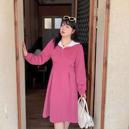 Long-Sleeve Henley Two Tone Lace Panel Hooded Midi A-Line Dress