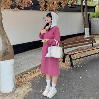 Long-Sleeve Henley Two Tone Lace Panel Hooded Midi A-Line Dress