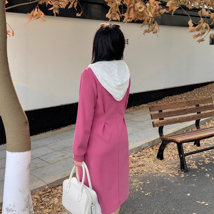 Long-Sleeve Henley Two Tone Lace Panel Hooded Midi A-Line Dress