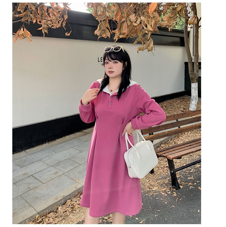 Long-Sleeve Henley Two Tone Lace Panel Hooded Midi A-Line Dress