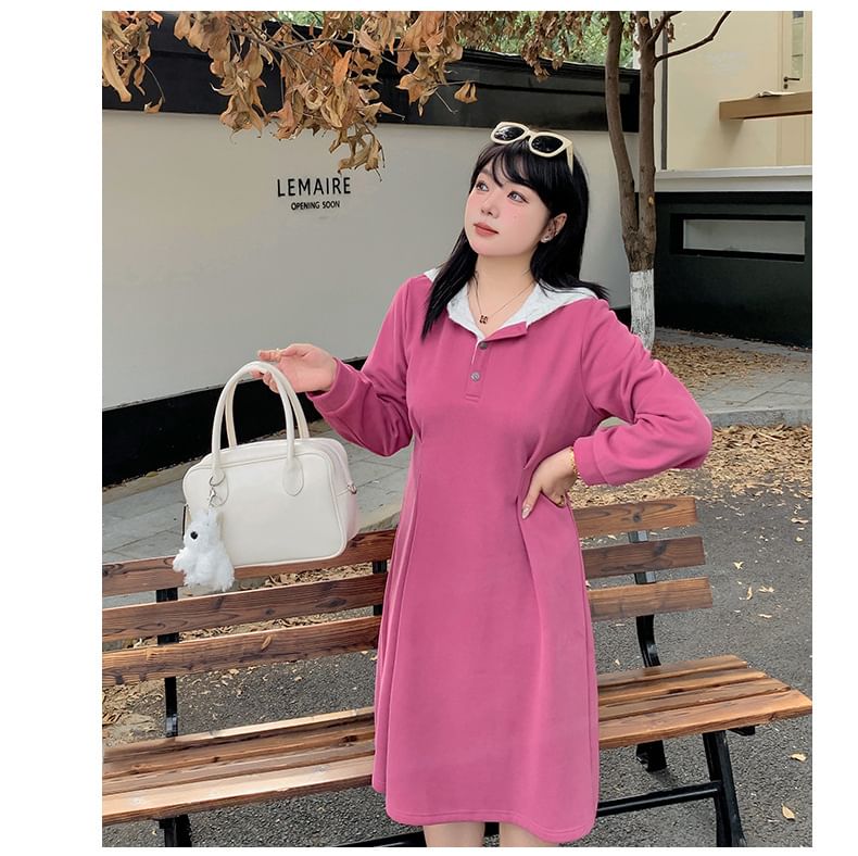 Long-Sleeve Henley Two Tone Lace Panel Hooded Midi A-Line Dress