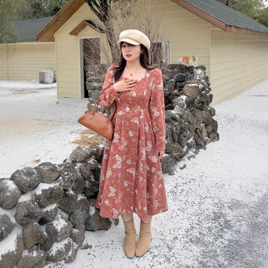 Long-Sleeve Butterfly Embroidered Midi A-Line Dress