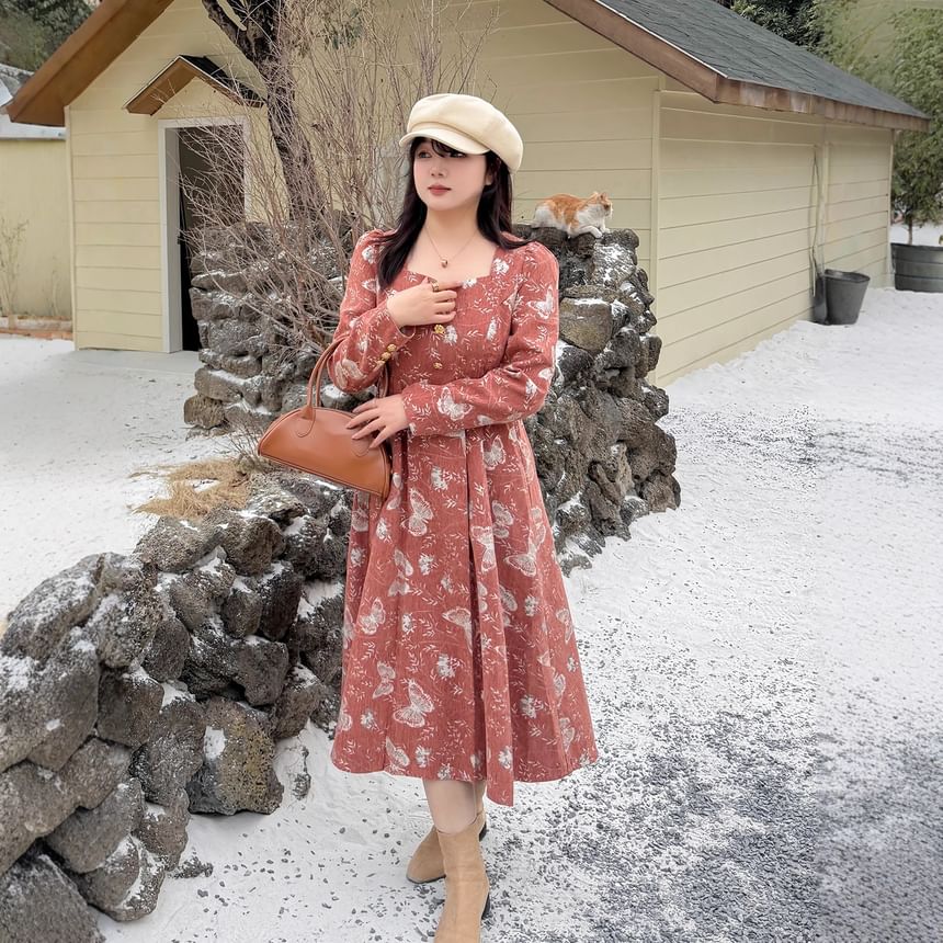 Long-Sleeve Butterfly Embroidered Midi A-Line Dress
