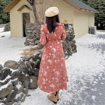 Long-Sleeve Butterfly Embroidered Midi A-Line Dress