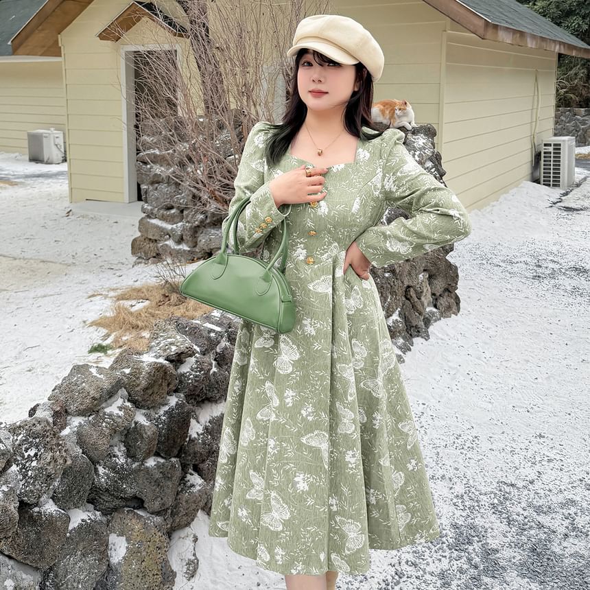 Long-Sleeve Butterfly Embroidered Midi A-Line Dress