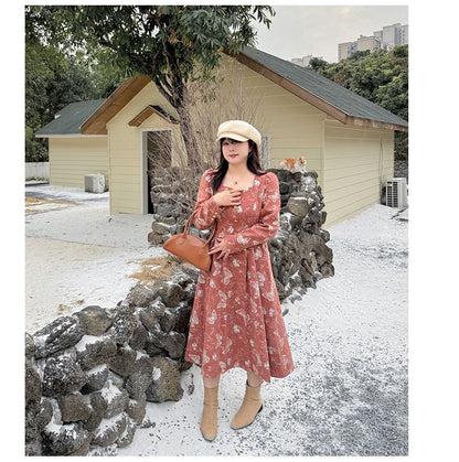 Long-Sleeve Butterfly Embroidered Midi A-Line Dress