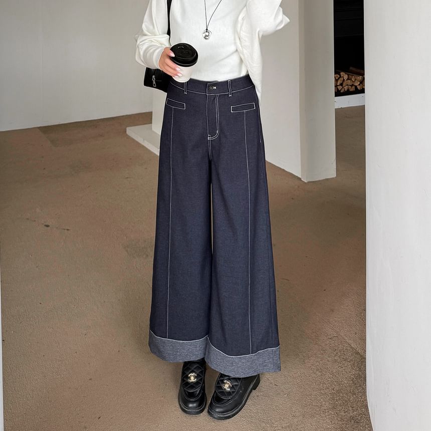 High Waist Contrast Stitching Roll Up Hem Wide Leg Jeans
