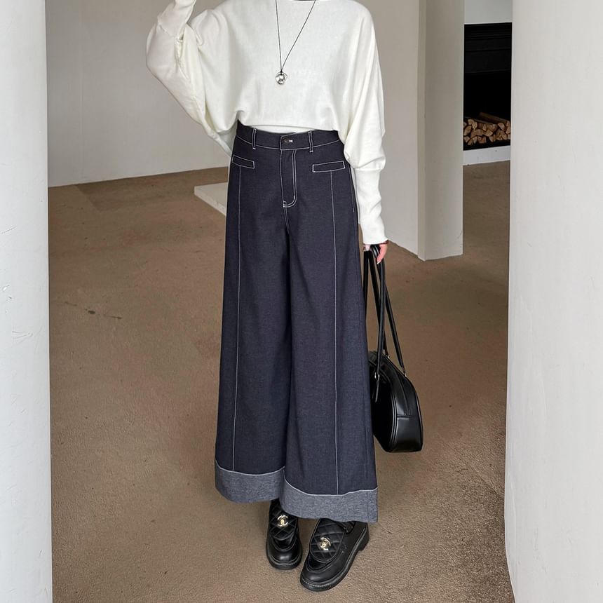 High Waist Contrast Stitching Roll Up Hem Wide Leg Jeans