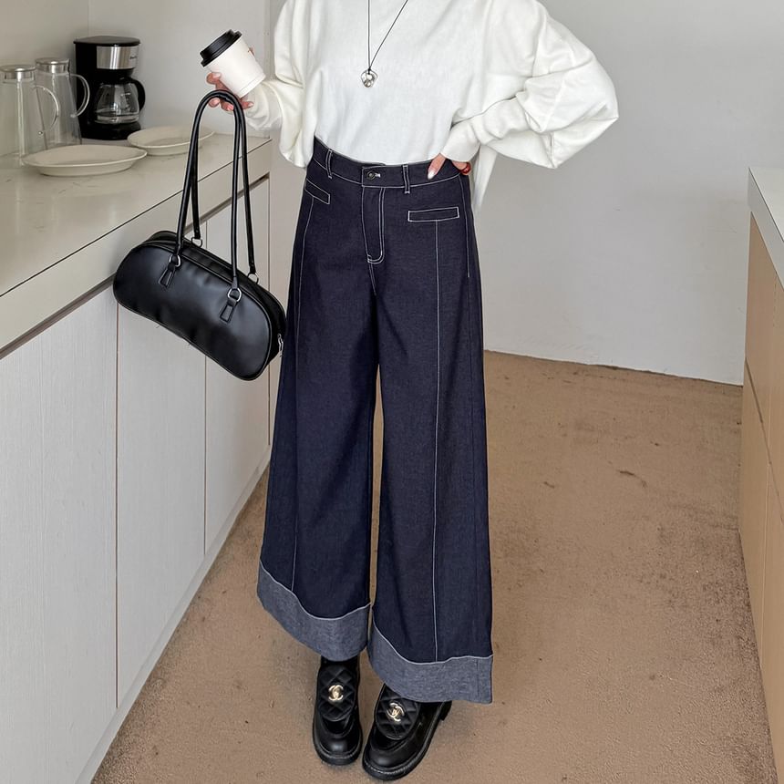 High Waist Contrast Stitching Roll Up Hem Wide Leg Jeans