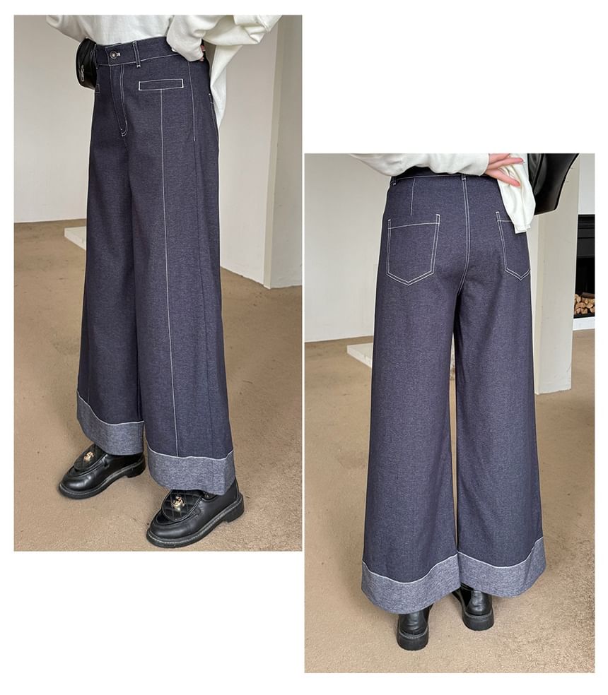 High Waist Contrast Stitching Roll Up Hem Wide Leg Jeans