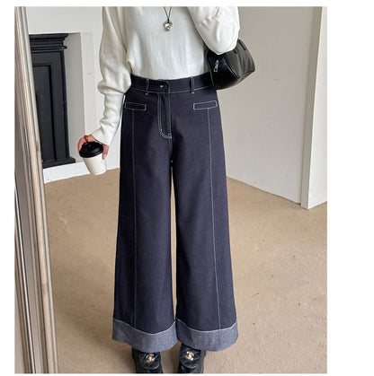 High Waist Contrast Stitching Roll Up Hem Wide Leg Jeans