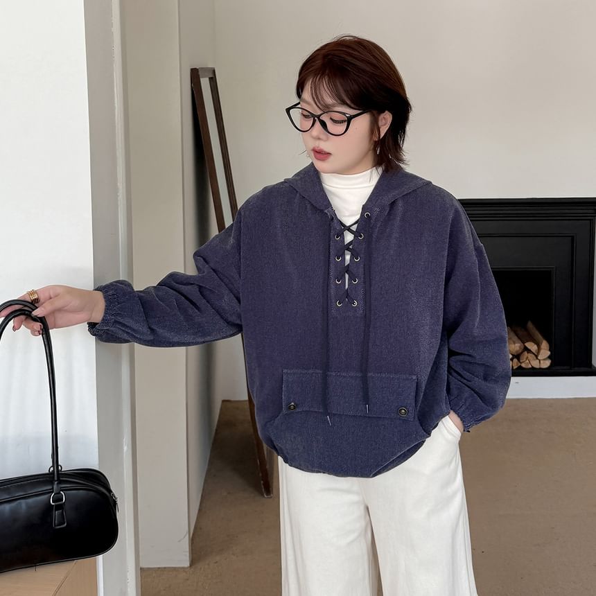 Lace-Up Denim Hoodie