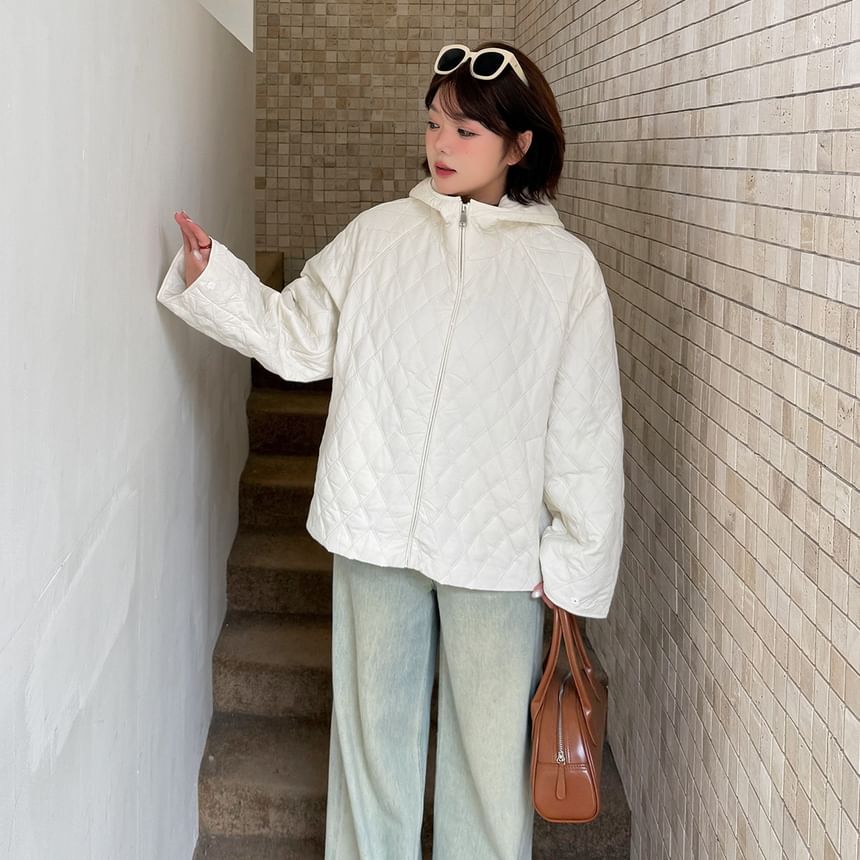 Stand Collar Plain Hooded Quilted Zip Jacket