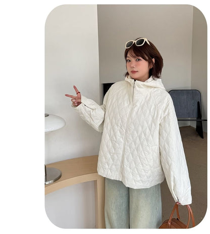 Stand Collar Plain Hooded Quilted Zip Jacket