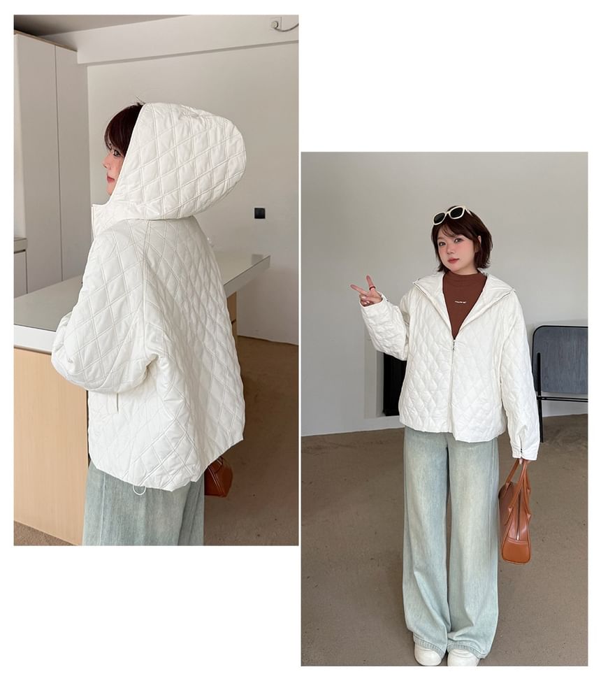 Stand Collar Plain Hooded Quilted Zip Jacket