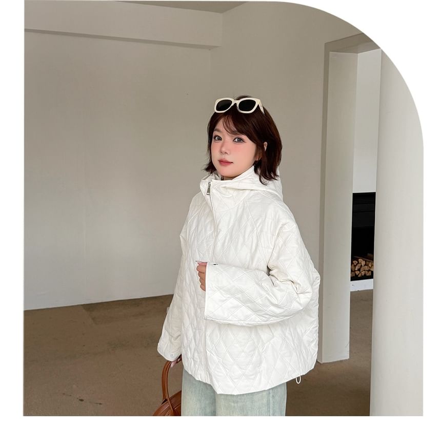 Stand Collar Plain Hooded Quilted Zip Jacket