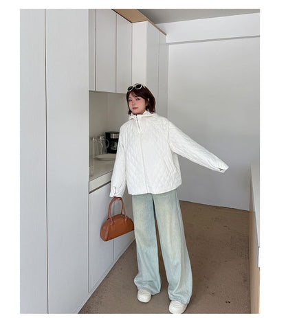 Stand Collar Plain Hooded Quilted Zip Jacket