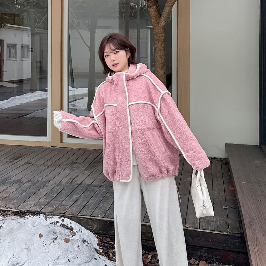 Contrast Trim Hooded Fleece Zip Jacket