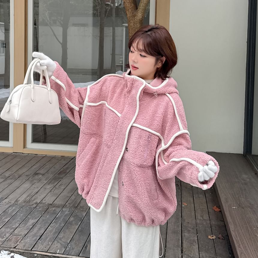 Contrast Trim Hooded Fleece Zip Jacket