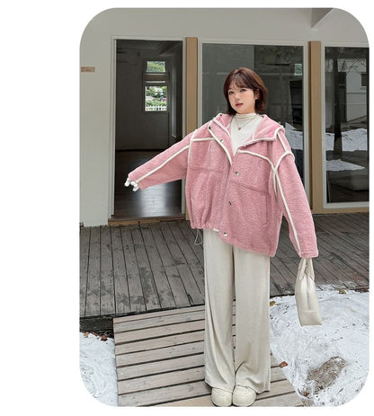 Contrast Trim Hooded Fleece Zip Jacket