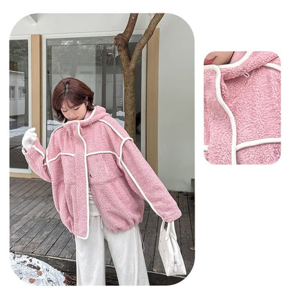 Contrast Trim Hooded Fleece Zip Jacket