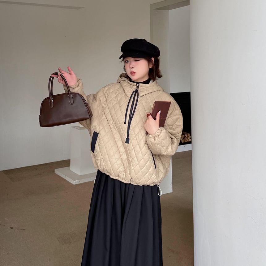 Stand Collar Hooded Quilted Zip Jacket