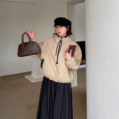 Stand Collar Hooded Quilted Zip Jacket