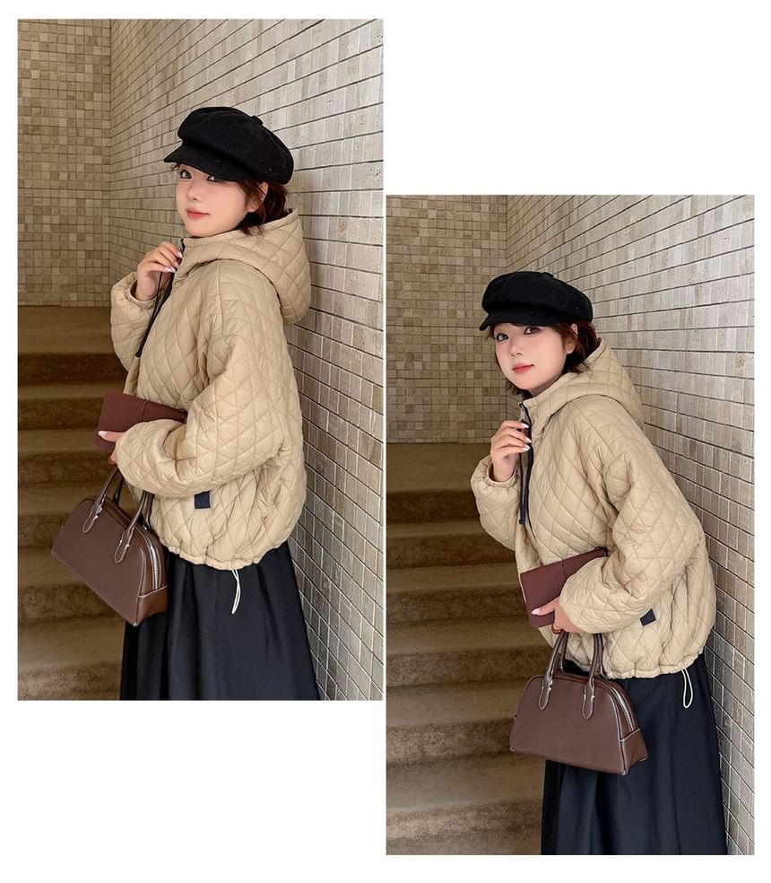 Stand Collar Hooded Quilted Zip Jacket